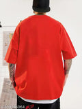 Coffee First red unisex oversized t-shirt, cotton blend with three-quarter sleeves, printed net design on chest, size M (38in x 28in), machine washable
