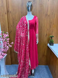 Pure fox georgette gown with fancy sleeves, solid pattern, fully stitched. Heavy, soft, embroidered sequin and jari work on sleeves and dupatta. Inner micro cotton, length approx 53 inches. India-origin