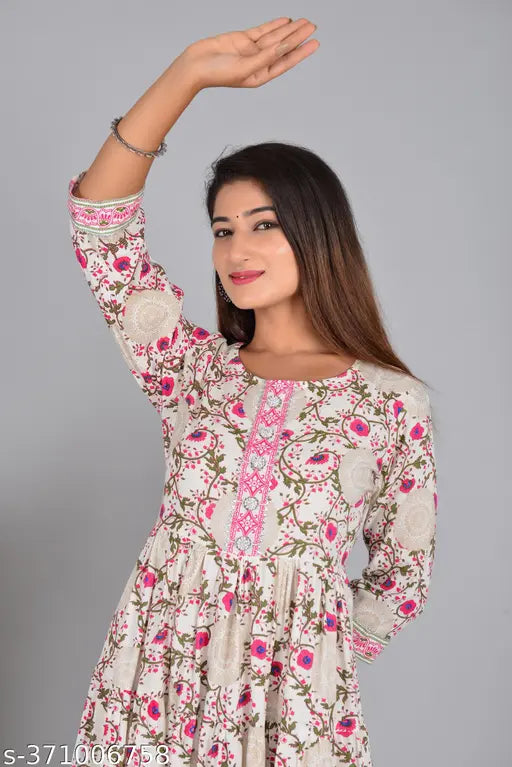 Flower printed anarkali kurta, long sleeves, knee length. Elegant ethnic wear for women's fashionable anarkali style kurta