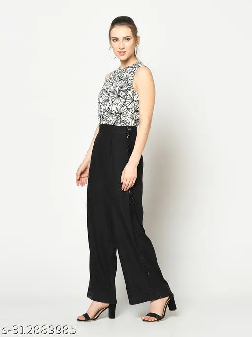 Black & white printed polyester basic jumpsuit, sleeveless with round neck and pockets - Women's fashion from India