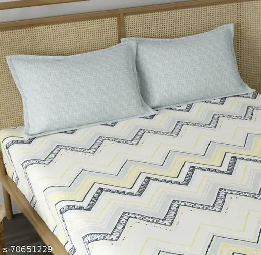 White glace cotton, king size fitted bedsheet with 2 pillow covers, ideal for summer, fits up to 10" mattress