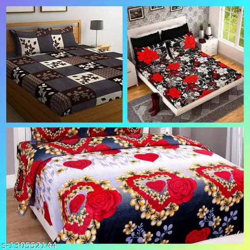Indian Glace Cotton 3D Printed Bedsheet Combo, includes 3 double bed sized sheets with matching 6 pillow covers