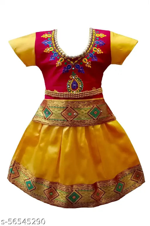 Cotton silk Kids' pattu pavadai & Lehenga choli set with short sleeves, embroidered design. Traditional Indian attire for festivals or gatherings, available in multiple sizes