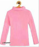 Pink and red wool high neck sweaters for kids, solid pattern, Indian origin