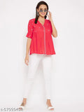 WineRed women's cotton peach floral embroidered puff sleeves top, ideal for office and casual wear