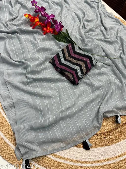 Georgette saree with shiny line pattern, blouse not in frame