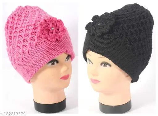 Knitted pink and black beanie caps for women - soft wool material - pack of 2