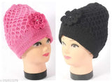 Knitted pink and black beanie caps for women - soft wool material - pack of 2