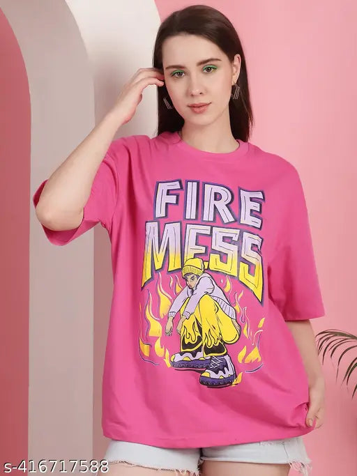 Womens graphic oversized tshirt, pink, fire mess, yellow lettering