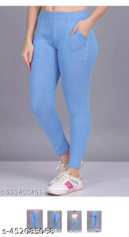 Cotton solid-colored jeggings, plain pocket style in sizes M, L, XL, XXL - Indian origin
