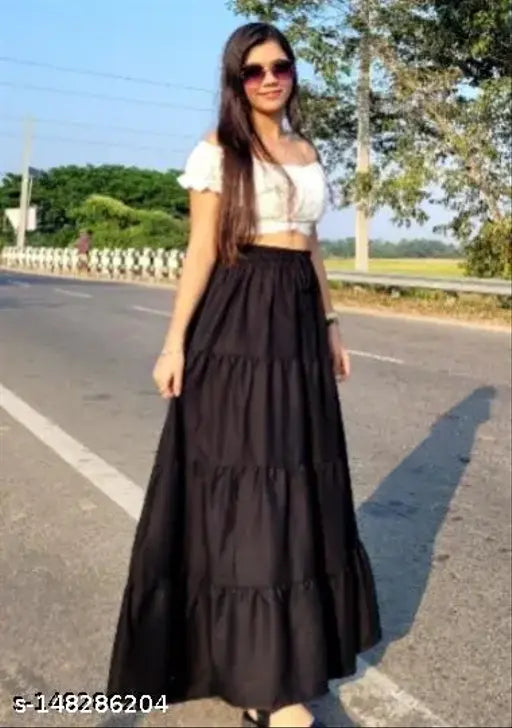 Black long skirt, ruffled hem, knee length