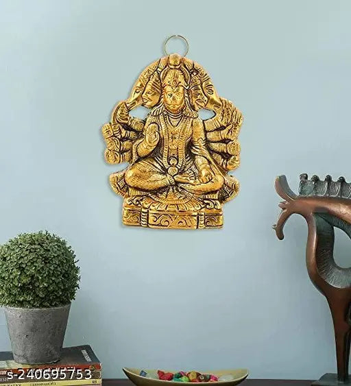 Golden finish, handcrafted Panchmukhi Hanuman ji statue for pooja and home decor, metal figurine of 14cm height and 10cm breadth, ideal gift for anniversaries or religious occasions
