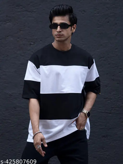 Colorblocked white cotton long-sleeve men's t-shirt, India-made