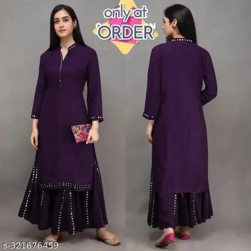 Trendy Aari mirror work viscose rayon kurta Palazzo set for women, solid net with three-quarter sleeves, available in sizes S to XXXL
