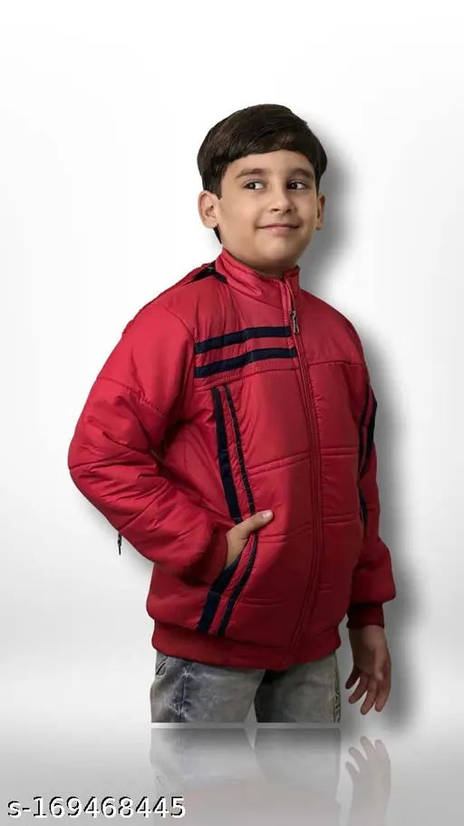 Red and black striped puffer jacket boy standing