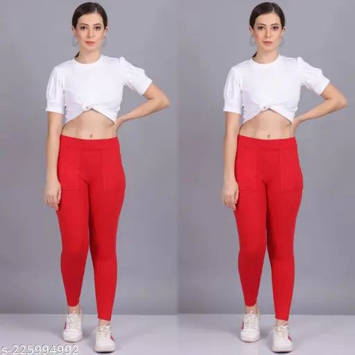 Cotton blend women's pocket jeggings pack 2, breathable and stretchy for outdoor or casual wear. Elastic waistband ensures comfortable fit. Available in sizes: 26, 28, 30, 32, Free Size. Made in India