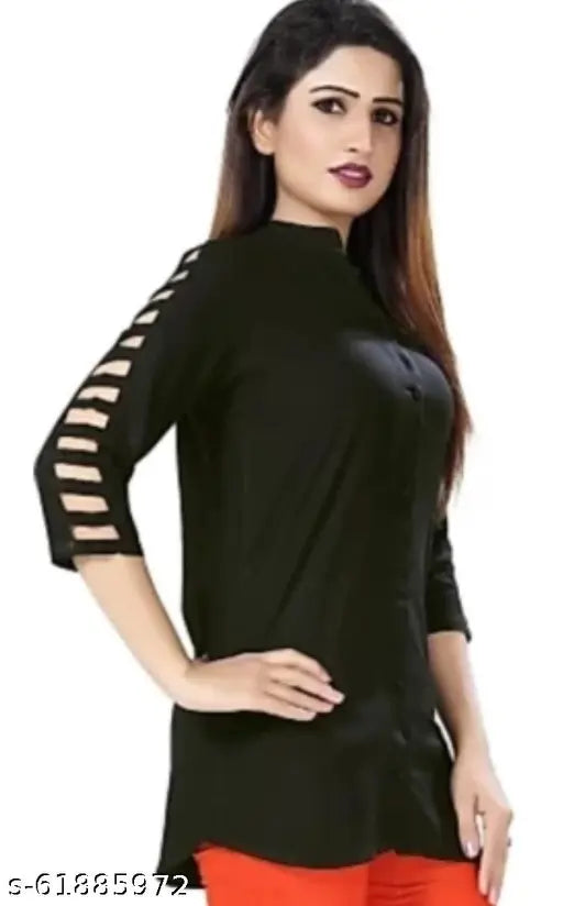 Crepe, three-quarter sleeve solid tunic top in white or black, women's style with inner shirt options. XS-XXL sizes available from India