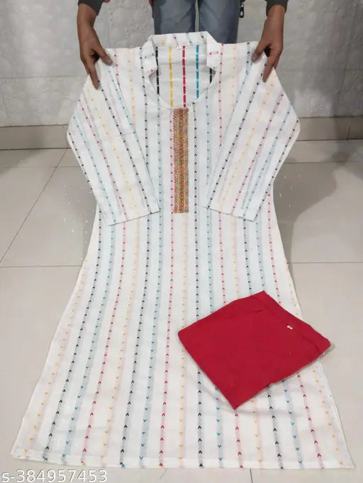 Multicolor striped cotton kurti combo with pant, featuring three-quarter sleeves and dupatta. Sizes available from S to XXXL. Indian handcrafted fashion