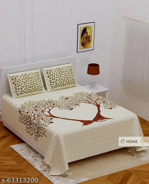 Botanical-pattern cotton Jaipuri fitted bedsheets, double king size with 2 pillow covers, ideal for summer, made in India