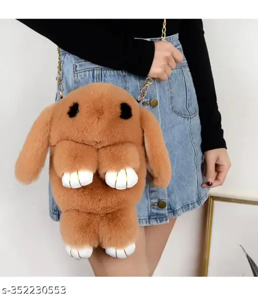 Brown faux fur sling bag with large eyes, ideal for kids and girls