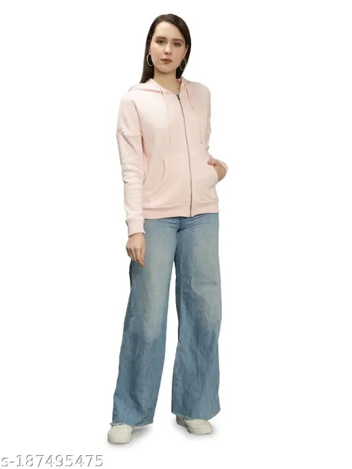 Peach cotton blend hoodie jacket with kangaroo pocket, perfect for lounging and casual wear