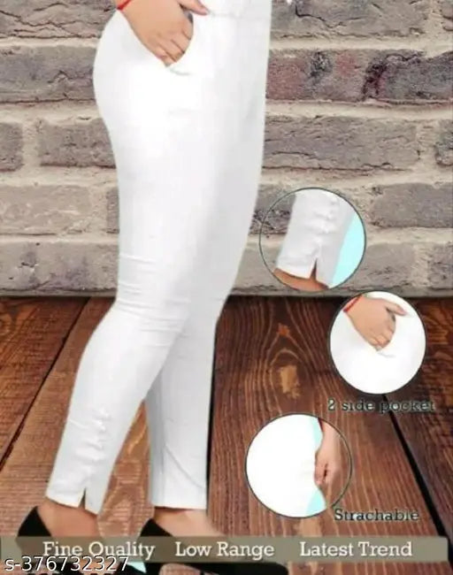 White stretch pants, women's fashion, mid-thigh length
