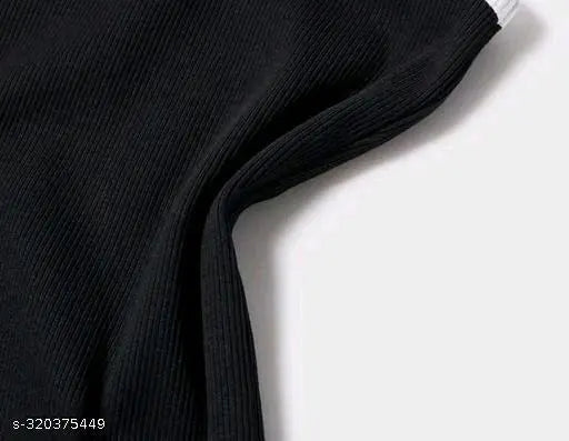 Trendy cotton blend tunic top with short sleeves, solid pattern. Scoop neck crop top for women, ribbed fabric, suitable for jeans, India origin