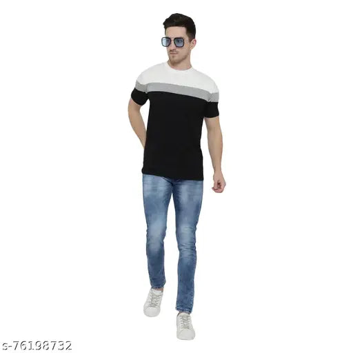 Colorblocked cotton blend t-shirt, short sleeves, size S-XL, gray and black colorway