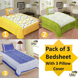 3 Cotton Fabric Trendy Single Bed Bedsheet 3 Bedsheet Pack with 3 Pillow cover