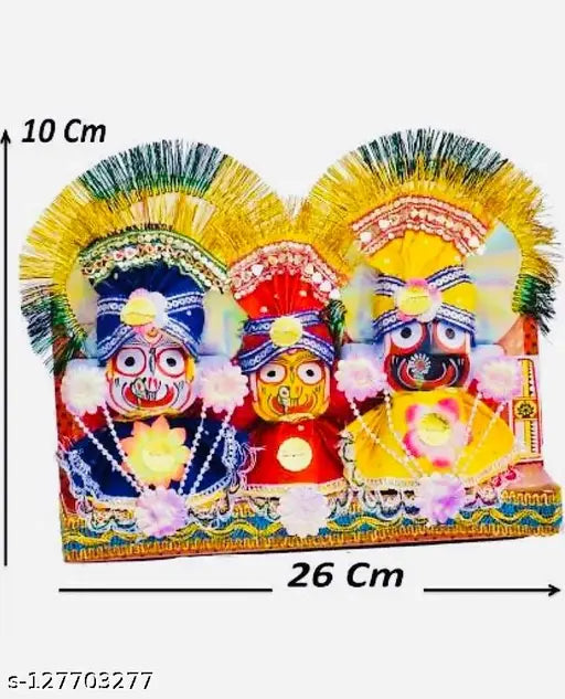 Handcrafted ceramic figurines of Lord Jagannath, Balabhadra, and Devi Subhadra. Indian artisan-made showpiece for home decoration or car dashboards." (104 characters)