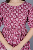 Pink floral print dress with puff sleeves and V neck