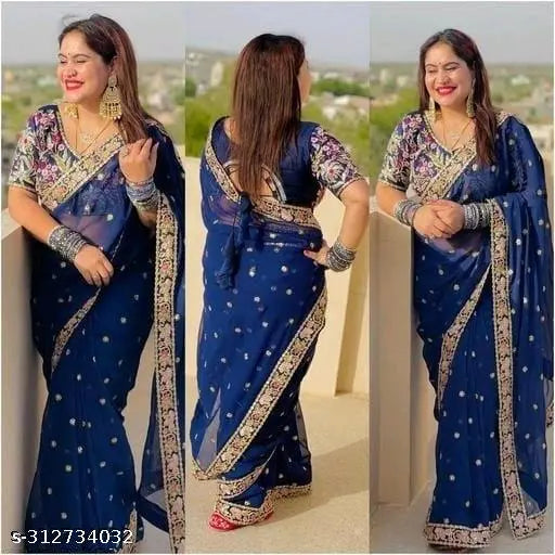 Blue satin fabric embroidered saree, full-length design for women