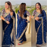 Blue satin fabric embroidered saree, full-length design for women