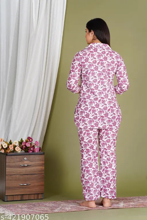 Cotton printed pyjamas set with collar neck night suit, luxury satin material for ultimate comfort