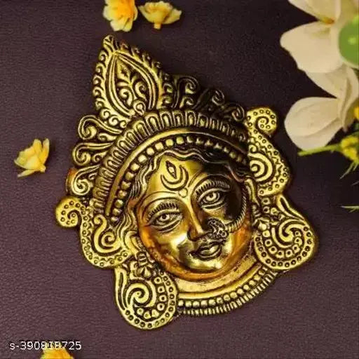 Gold oxide metal Durga MATA face wall hanging for good luck, success, and prosperity decorative showpiece (17cm)