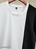 Trending white & black Lycra T-shirt for men, colorblocked design, short sleeves. Size: S (36in x 26in), M (38in x 26.5in), L (40in x 26.5in), XL (42in x 27in). India-made, fresh style