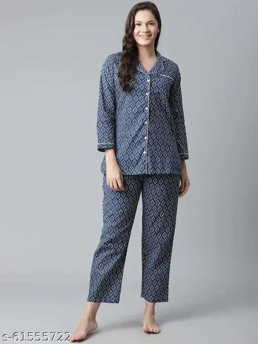Divena Indigo Printed Cotton Nightsuit: Vibrant indigo-colored, collared cotton pyjamas with side slits - Indian-made, suitable for all seasons