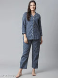 Divena Indigo Printed Cotton Nightsuit: Vibrant indigo-colored, collared cotton pyjamas with side slits - Indian-made, suitable for all seasons