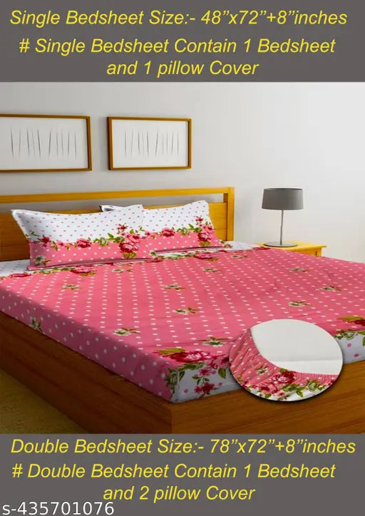 Pink dot, glace cotton fitted double king bedsheet with 2 pillow covers, floral print, lightweight, easy to wash, ideal for up to 8 inches mattress