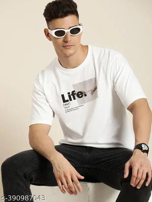 White graphic oversized cotton t-shirt with short sleeves, printed design by Difference of Opinion, pairs well with denim - India