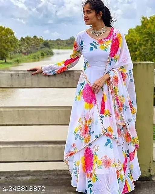 White and multi-color floral printed Georgette gown with dupatta, suitable for parties and weddings. Long sleeves, available in sizes S to 3XXL