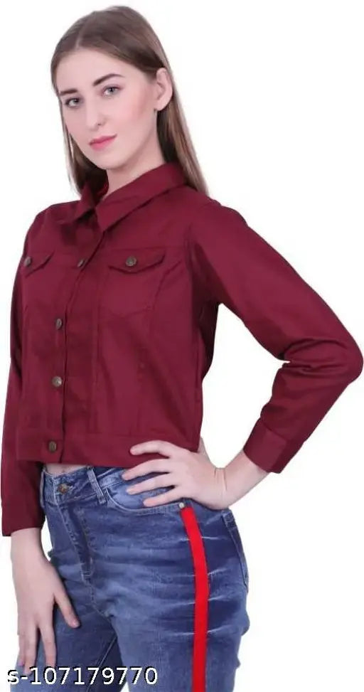 Maroon denim full-sleeve jacket, solid pattern for women, Indian origin