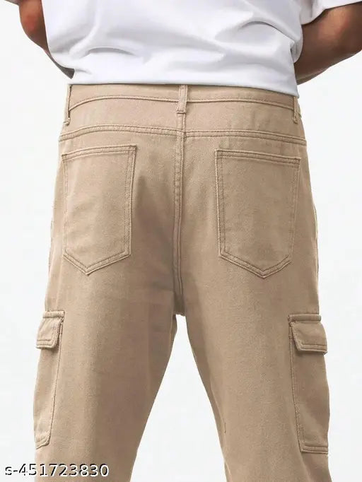 Cream six pocket men's cargo pants with belt loops