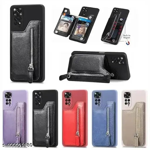 Leather stick-on wallet for smartphones, solid pattern with snap closure, compatible with most devices, provides full protection against scratches and bumps. Stores cards, cash, ID, etc., easy to install/remove with soft frame design. Precise cutouts ensure access to all phone features without removal. Made in India