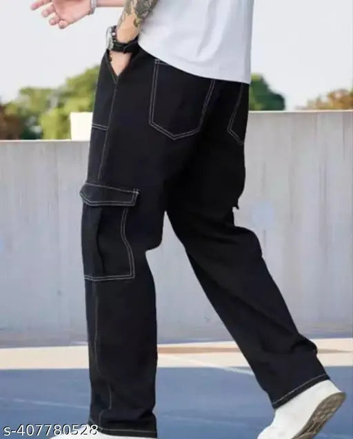 Men's black cotton blend fashion jeans 51, solid style with 28, 30, or 32 waist sizes available