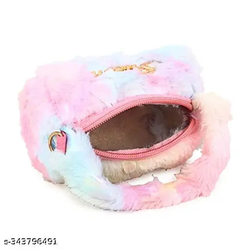 Pink fur sling bag, pouch design, golden chain accents
