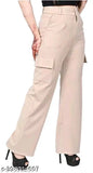 High-waisted cargo jeans for women with three pockets, featuring solid color and pockets on both waist bands