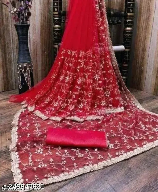 Embroidered net worked saree with separate satin blouse, Indian fashion accessory in free size (5.5m length, 0.8m blouse)
