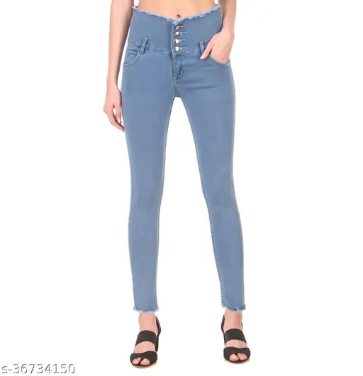 Women's light blue slim fit furfur fringe hem jeans, 4 button closure