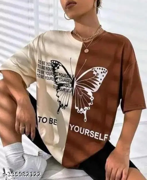 Trendy womens casual printed t-shirt in brown and white with drop shoulders and round neck, oversized fit and butterfly print on a combo pack of 2